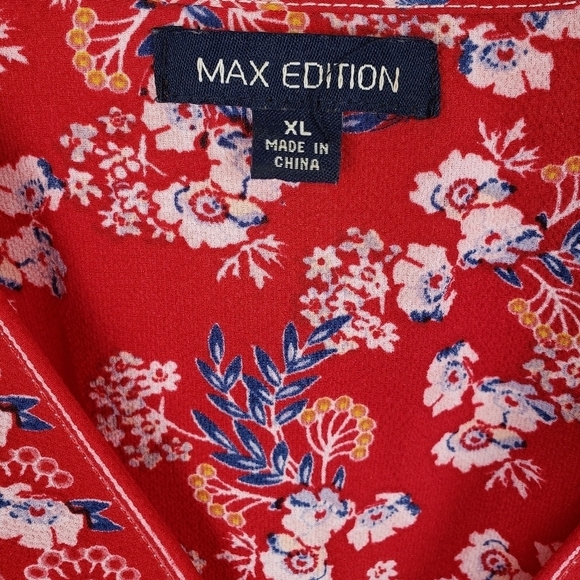 Max Edition Red Floral Long Sleeve Bohemian Waist Tie Shirt Sz XL - Picture 3 of 10